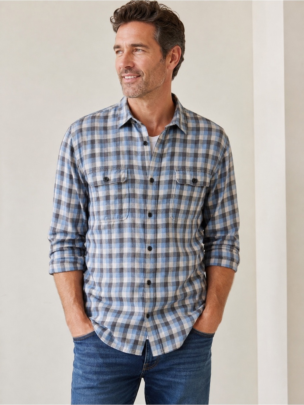 Lucky Brand Men's Long-Sleeved Button-Down Shirt Size L Blue Gray Plaid Western